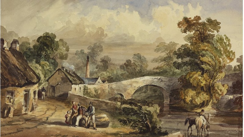 Watercolour of a view towards a bridge with a group sitting on a log in the foreground. There are two cottages and a building with a tall chimney. A man is in the river watering horses.