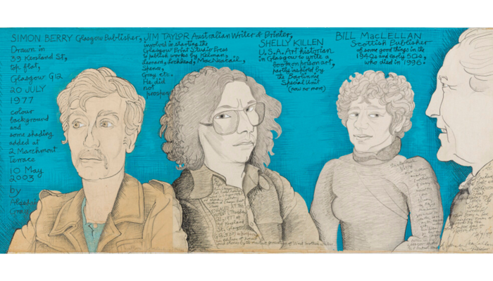An image of an artwork by Alasdair Gray which shows a pencil outline of four people against a blue backdrop. it is called Four Folk in Glasgow Publishing 1977: Simon Berry and Bill McLellan, Glasgow Publishers, Jim Taylor, Australian Writer and Printer, Shelley Killen USA Artist, 1977 by Alasdair Gray. Glasgow Life Museums’ collection. © The Estate of Alasdair Gray 