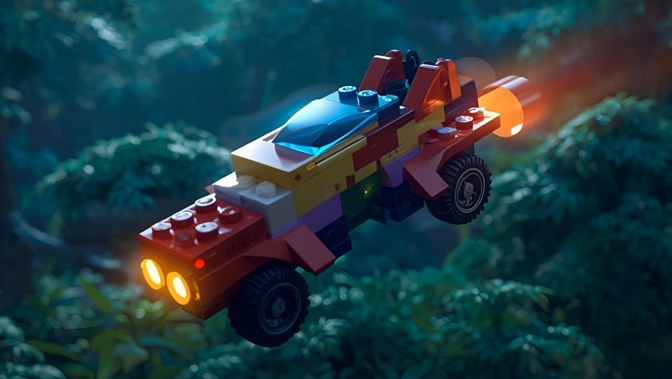 A multicoloured LEGO car with glowing headlights and bright exhaust flames, flying through a dark, blurry forest.